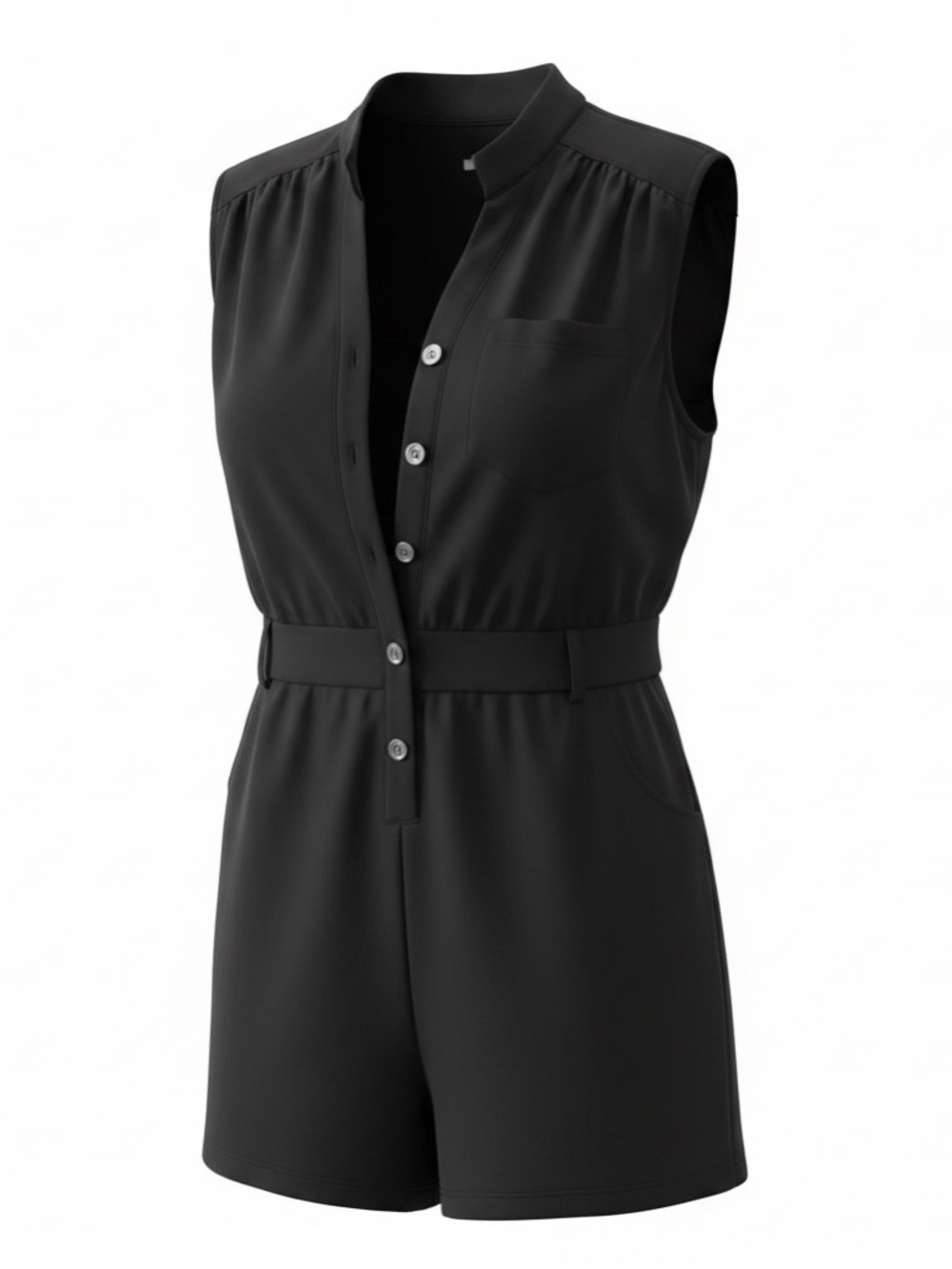 Black Sleeveless Button Front Romper Women